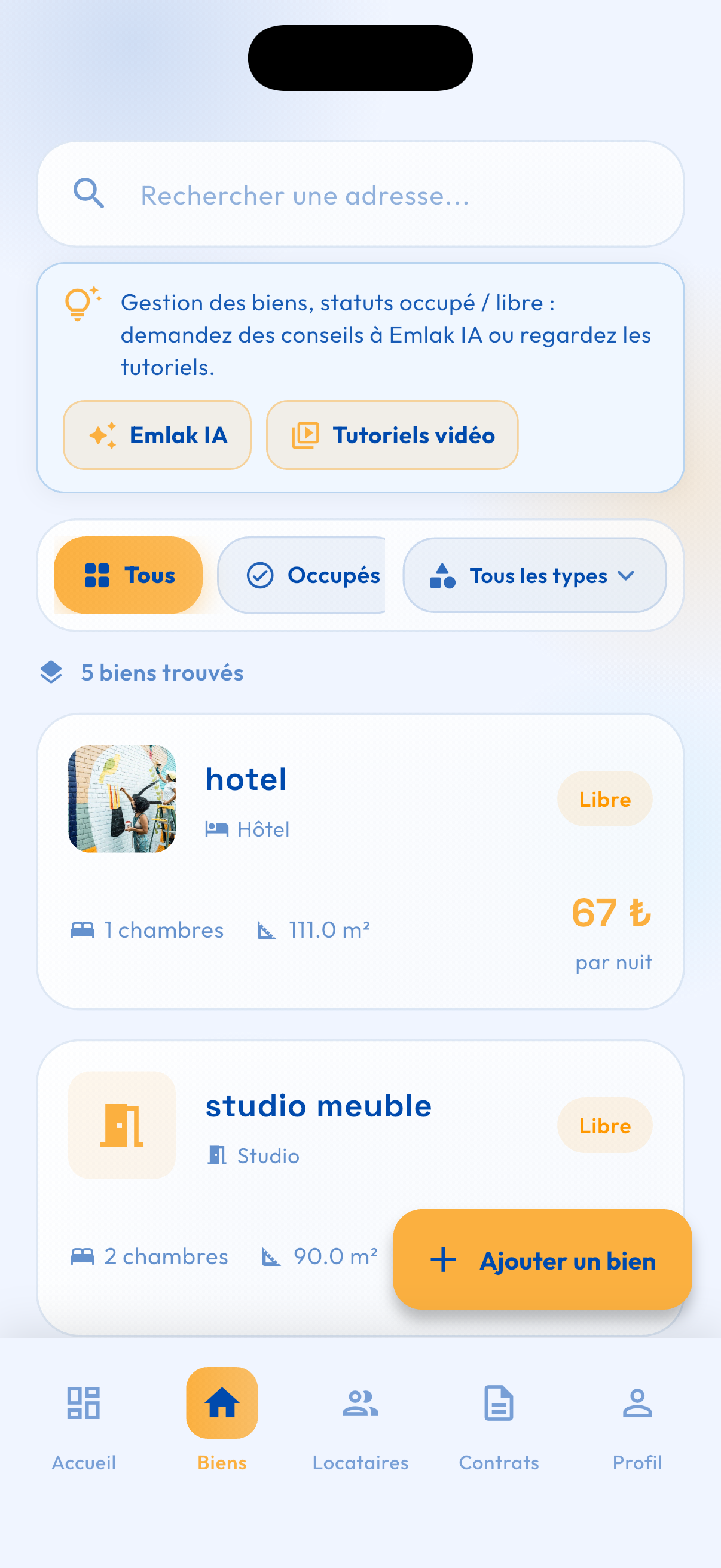 Liste des biens avec recherche et filtres occupé ou libre