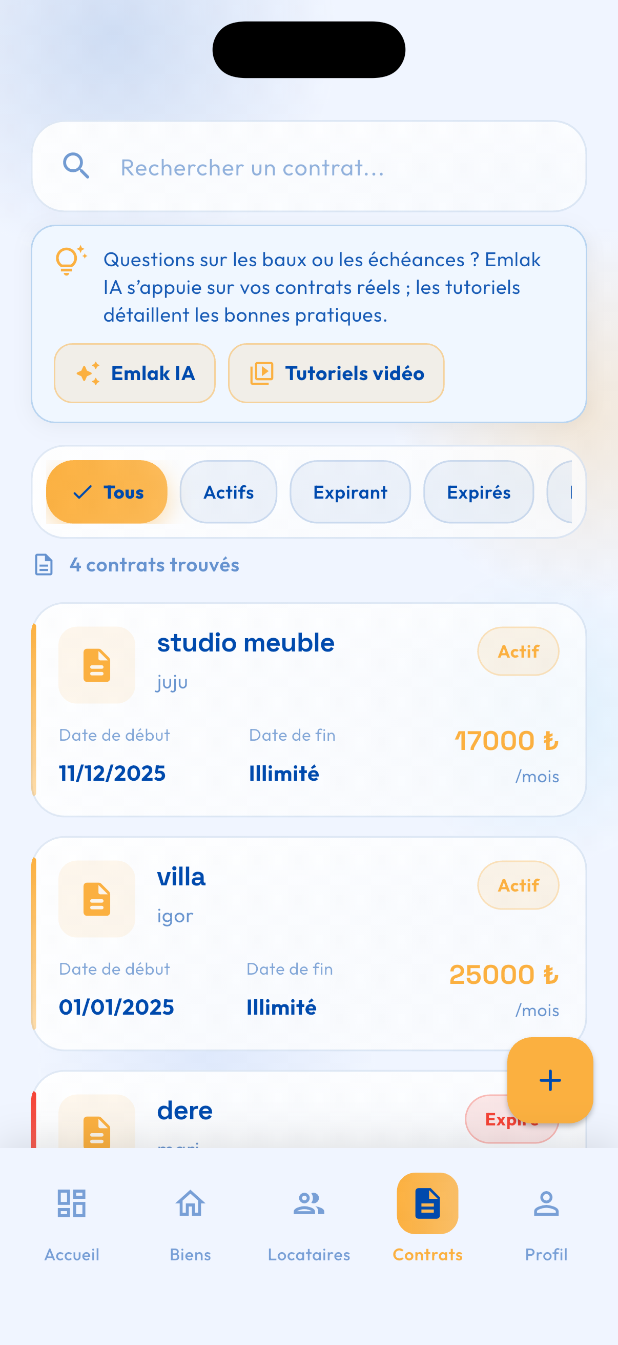 Liste des contrats avec filtres actifs et expirés